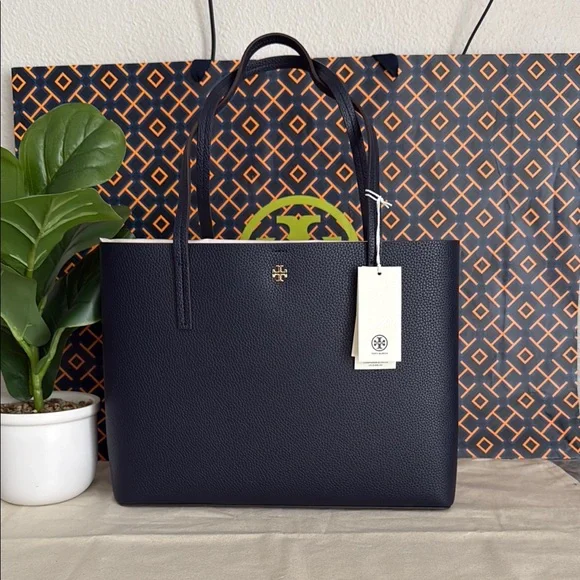 NWT ,Tory Burch Blake center zip Navy Blue with gold hardware Tote Bag - Picture 3 of 16